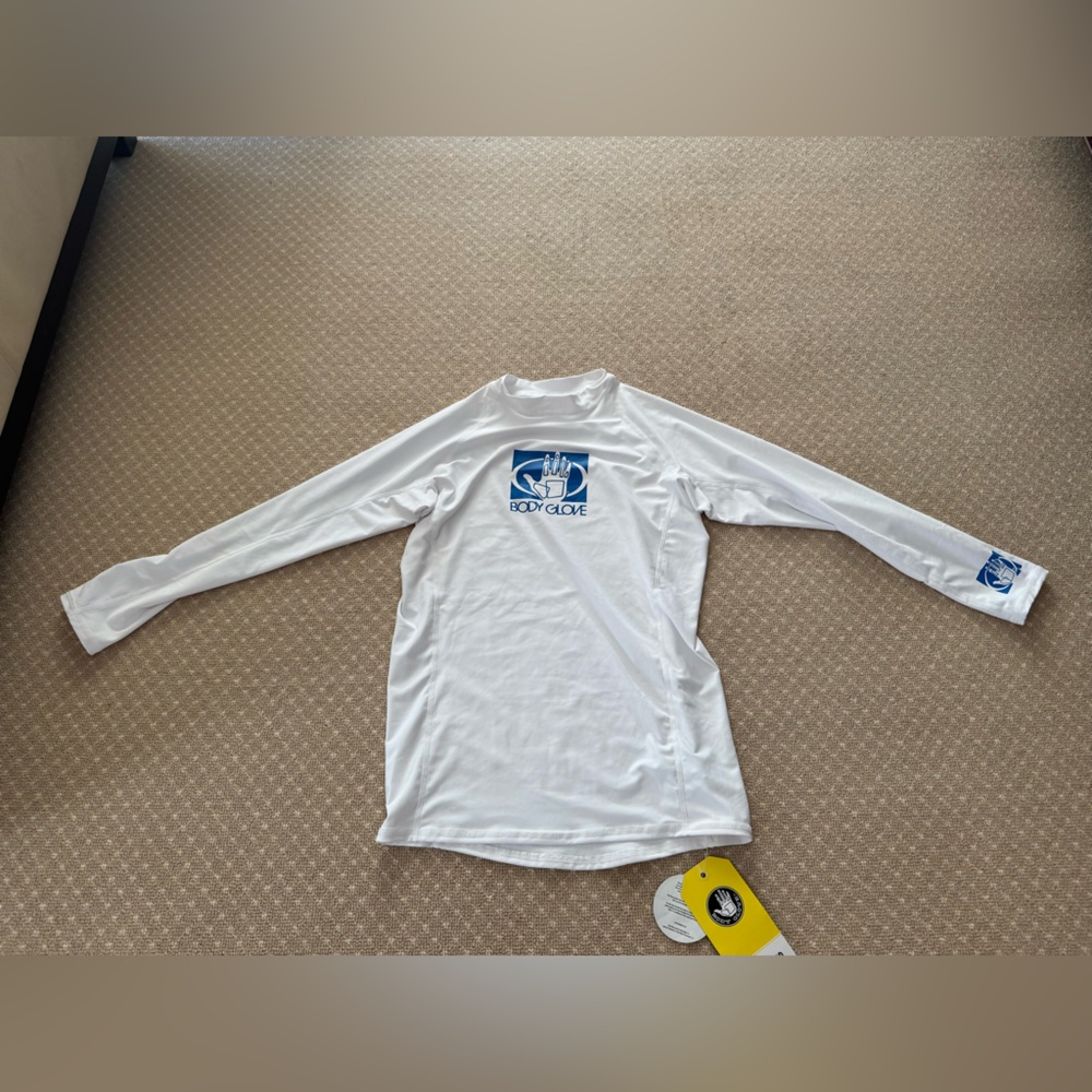 Body glove, size 16, white rash guard with blue logo print. NWT